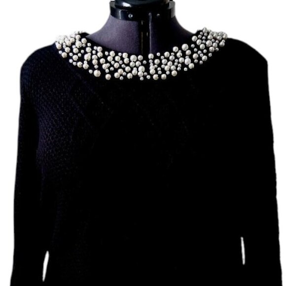 KARL LAGERFELD PARIS Black W/Pearl Embellished Neck Cable Knit Sweater Sz XL/16 - Picture 3 of 11